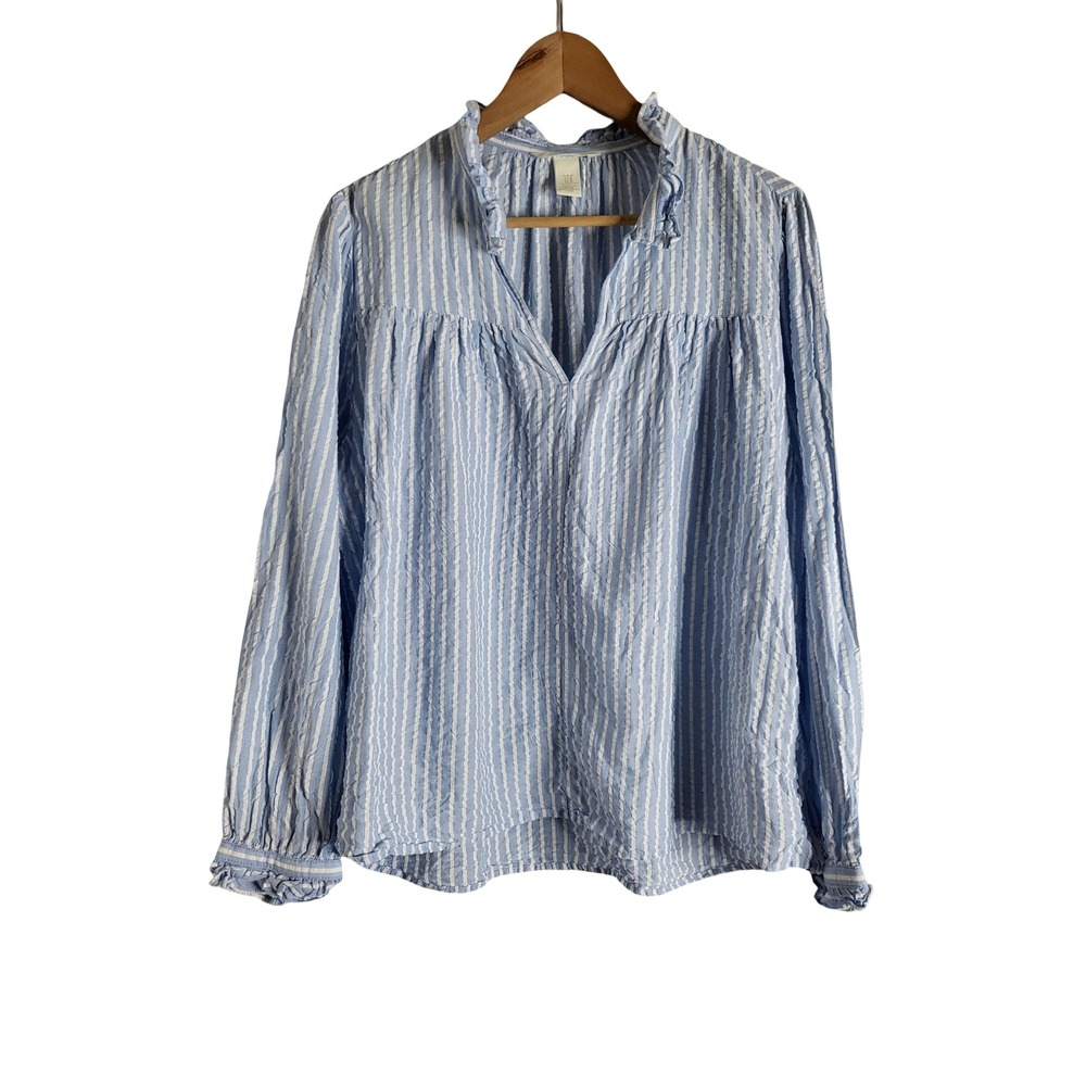 HM Blue White Striped Ruffle Neck Blouse Seersucker V-Neck Breezy Coastal Top M